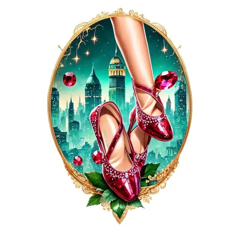 two sparkling ruby ballet slippers with emerald city in the background tattoo design idea