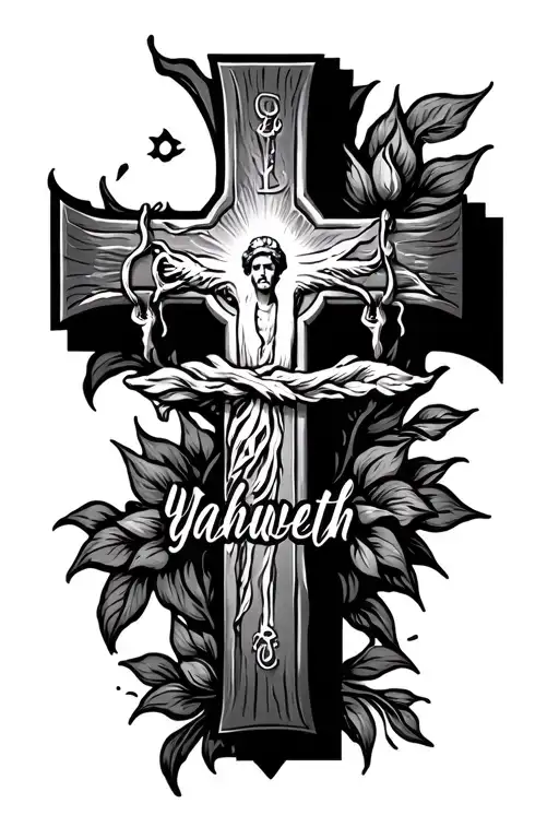 Yahweh in wordswith cross and a verse from the bible scripture that stands for breath tattoo design idea