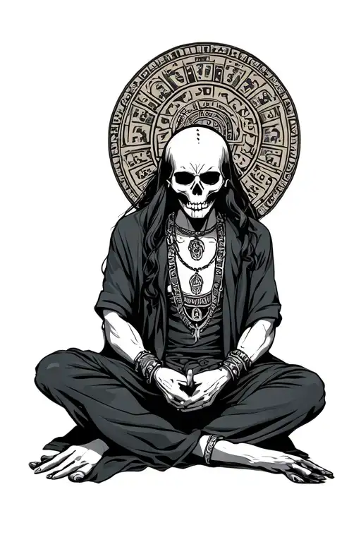 God of death sitting with two cholo escuincles and aztec calendar background tattoo design idea