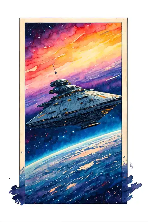 tall narrow rectangular space scene with a homeworld style ship sideways in the foreground that extends beyond the edge. tattoo design idea