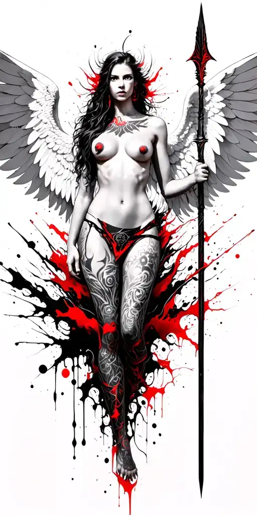nude, symmetrical tribal tattooed, fantasy battle angel with huge white wings, wide stance, using spear tattoo design idea