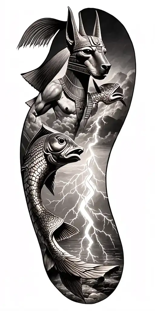 viking rume and Anubis and fish and lightning bolt Featuring Anubis and Fusion Of Inka And Egyptian Symbolism tattoo design idea
