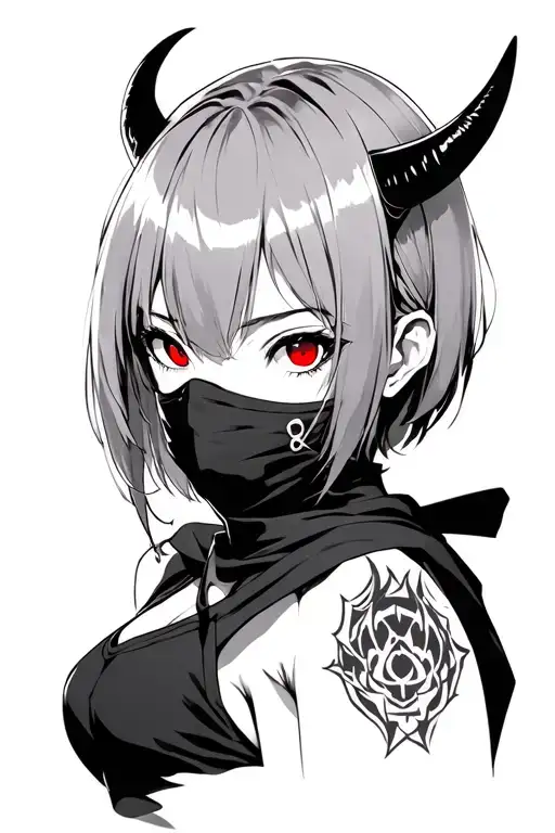 Anime, ninja mask girl, gotic style, short hair with bangs, red eyes and horns tattoo design idea