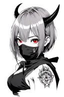 Anime, ninja mask girl, gotic style, short hair with bangs, red eyes and horns tattoo design idea