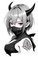 Anime, ninja mask girl, gotic style, short hair with bangs, red eyes and horns tattoo design idea