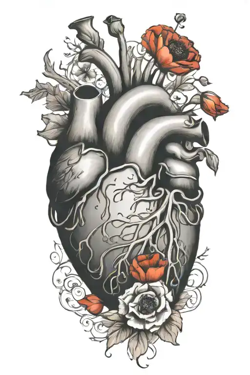 abstract design human heart, poppies, anemones, music, love tattoo design idea