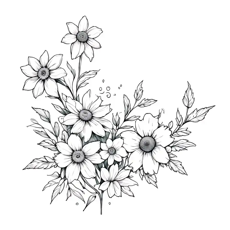 flowing vine of wildflowers, daffodils, coneflowers, black-eyed susans, and dogwoods tattoo design idea
