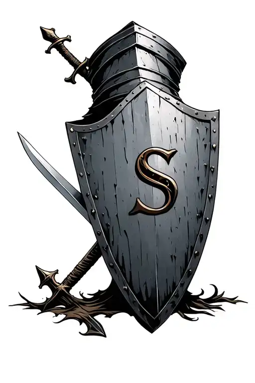 Weathered knight's shield with letter "S" on front and a single sword hung across the back tattoo design idea