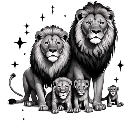Lion family with 3 lion children, stars tattoo design idea