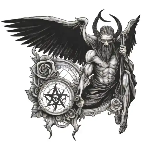 lucifer falling from the sky, memento mori and the o symbol tattoo design idea
