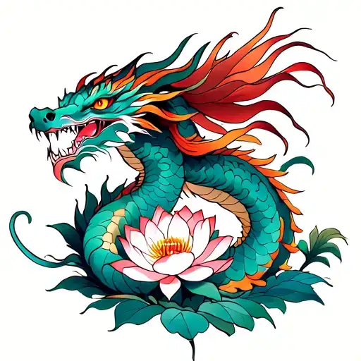 Japanese dragon as if it flies with lotus flowers tattoo design idea