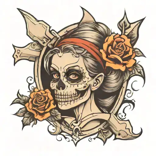 cut girl with skull and crossbones tattoo design idea