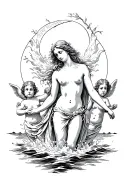 aphrodite goddess being born from the foam of the sea, cherubs around, medieval engraving style tattoo design idea