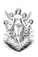 aphrodite goddess being born from the foam of the sea, cherubs around, medieval engraving style tattoo design idea