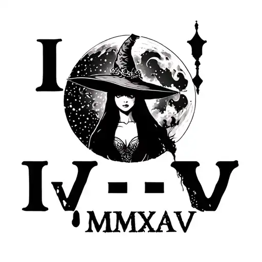 "IV - V - MMXIV" sexy witch bride silhouette over full moon tattoo design idea