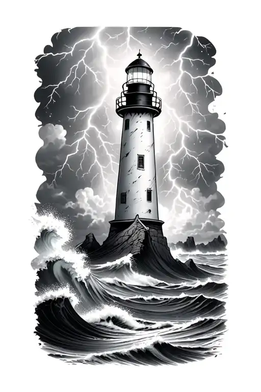 lighthouse shining in thunder Storm Lightning and big waves and rocks tattoo design idea