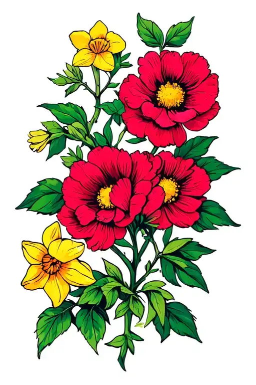 a vine with carnations, hawthorn, morning glory, cosmos, peony, narcissus tattoo design idea