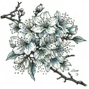 Cherry blossoms, deep blue petals, light blue petals, black branch. Leo constellation, Leo horoscope tattoo design idea