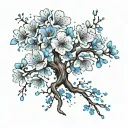 Cherry blossoms, deep blue petals, light blue petals, black branch. Leo constellation, Leo horoscope tattoo design idea