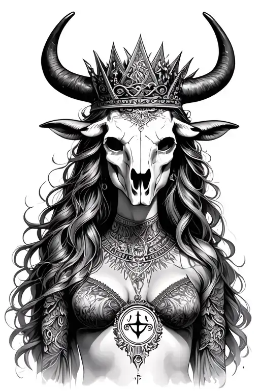 mystical goddess wearing a bull skull crown with the Taurus zodiac symbol carved in the center. tattoo design idea