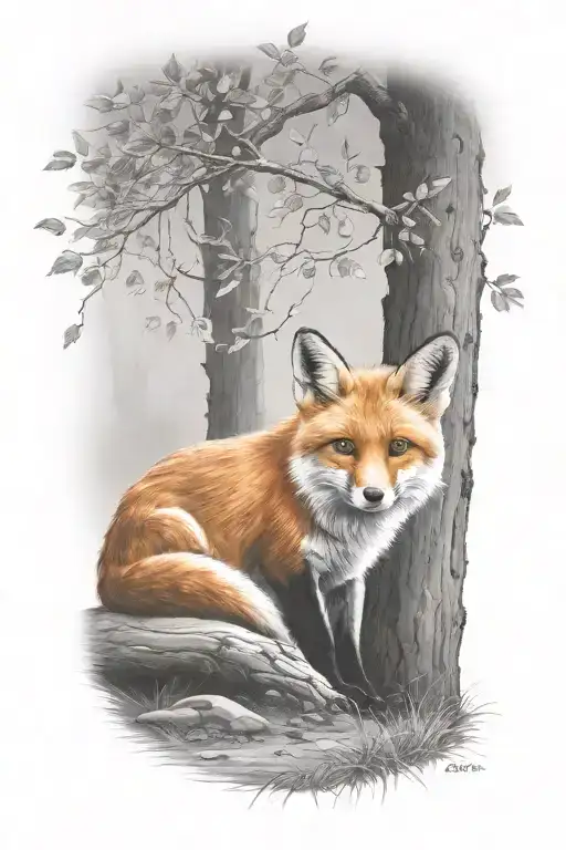 fox sitting under a tree tattoo design idea