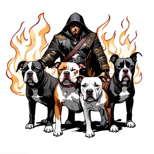 executioner and three pit bulls with flames tattoo design idea