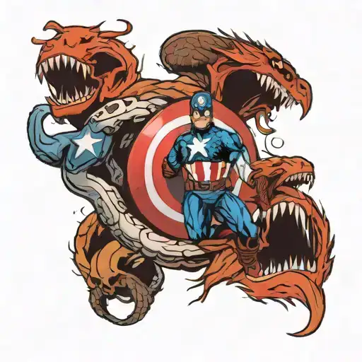 Captain America shield coming out of skin and surrounded by hydra heads tattoo design idea
