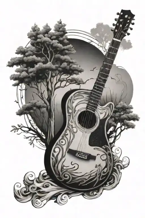 guitar surrounded by trees tattoo design idea