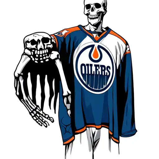 Edmonton oilers jersey held by skeleton hand with oil Derick behind it tattoo design idea