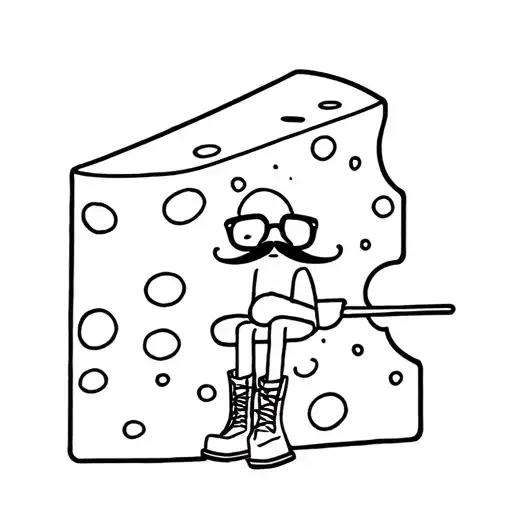 wedge of cheese with stick arms and legs, a mustache, sitting, wearing glasses and boots tattoo design idea