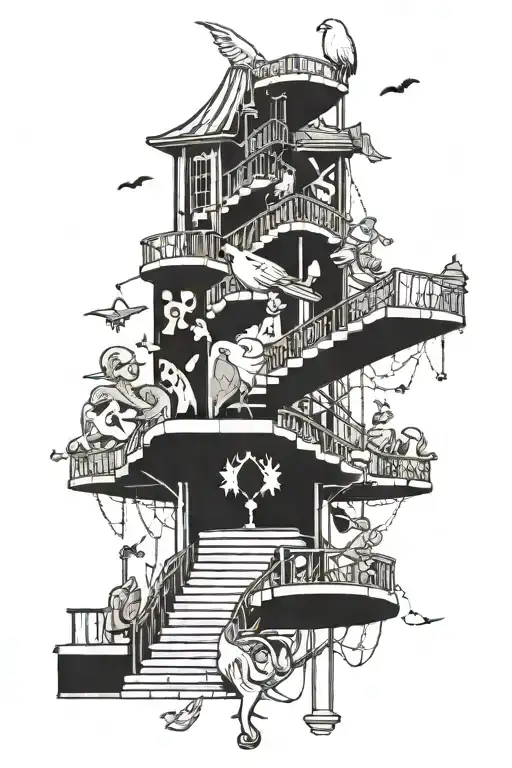 Stairs around the leg a boy is climbing the stairs. Around the stairs is a circus tent, a dove, an acrobat, dollars, diamonds. Nav tattoo design idea