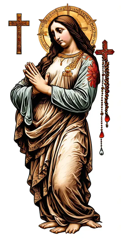 Mother of God, a few pigs, folded hands with a rosary on biceps, a cross from a psuta place without mascara, naked guard discharge tattoo design idea