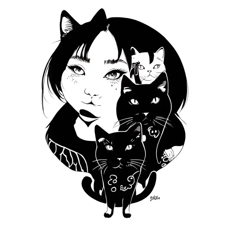 woman punk with gang of cats tattoo design idea
