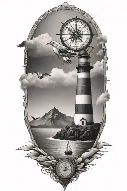 lighthouse, compass, heart, calm ocean, beach, seagull tattoo design idea