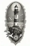 lighthouse, compass, heart, calm ocean, beach, seagull tattoo design idea