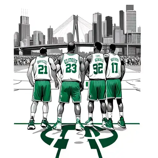 Boston Celtics players on city basketball court looking at TD Garden and Zakim Bridge in background  tattoo design idea