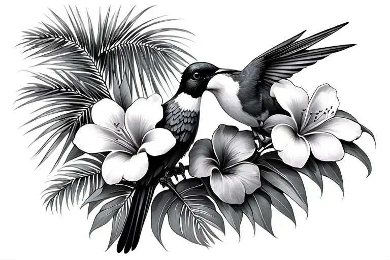 tropical flowers, palms and a colibri gracefully perched tattoo design idea