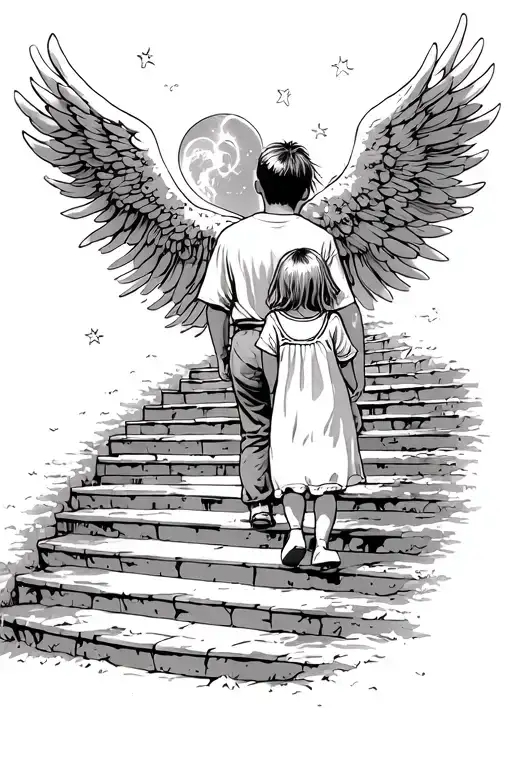 teen boy and  little girl walking up stairs to heaven with 1995 at the took of heaven tattoo design idea