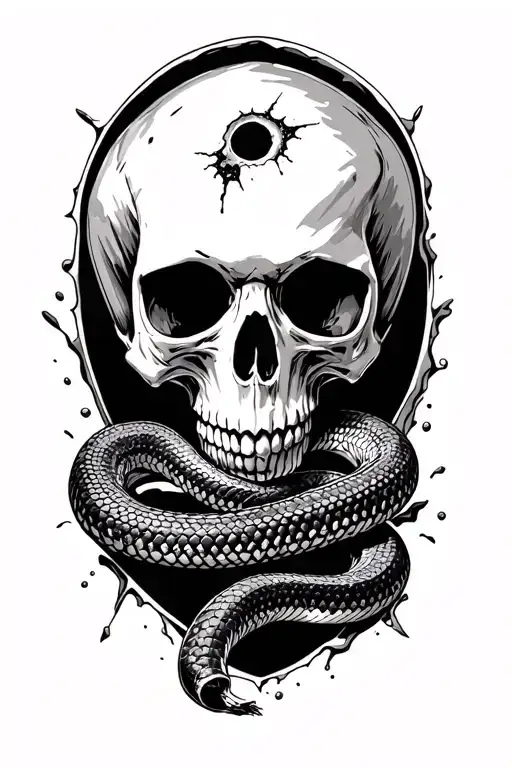 skull with a bullet hole in the forehead and and a rattle snake coming out of the hole tattoo design idea