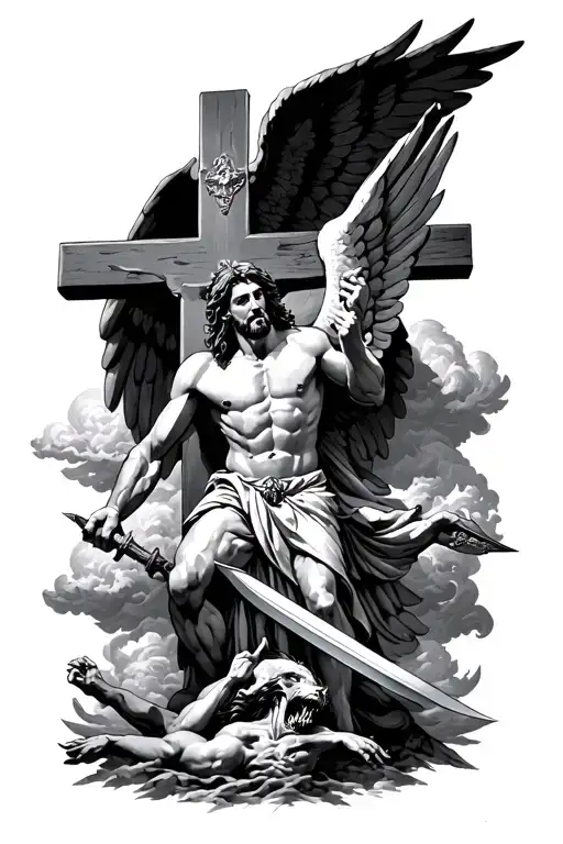 Archangel Michael stabbing a demon below him and a giant cross that represent Jesus and God behind him, with cloud tattoo design idea