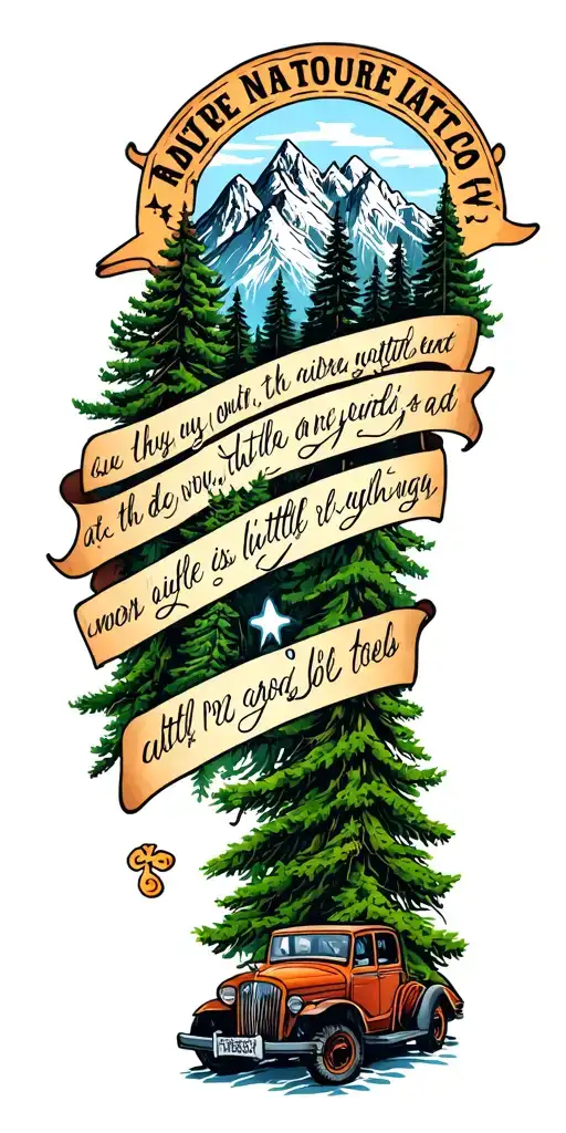 mostly nature with mountains and trees, a bible verse, a little military, a little cars and tools tattoo design idea