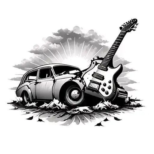 wrecked car and guitar memorial tattoo for grandparents cloud background separating in the middle with rays of sun tattoo design idea