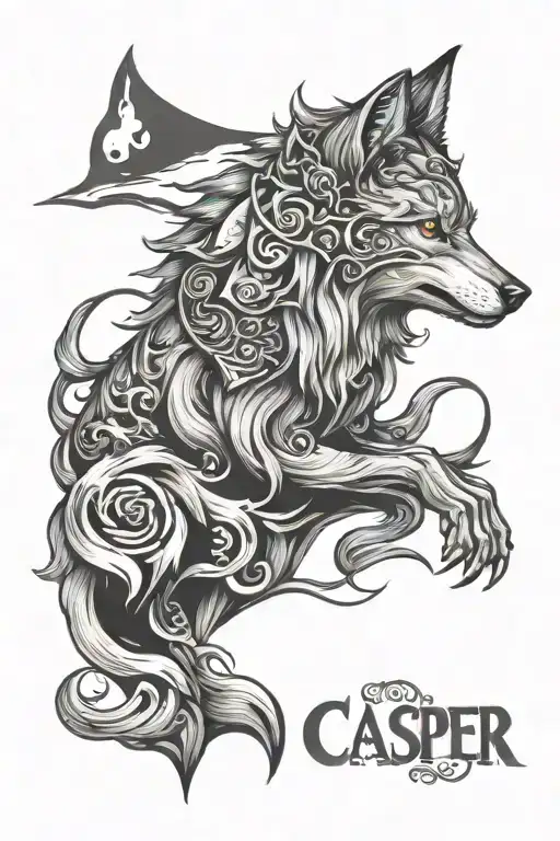 cover-up tattoo - fantasy wolf with a Crocker twist and the nickname "Casper", nickname font in old Gaiman Gothic style. tattoo design idea