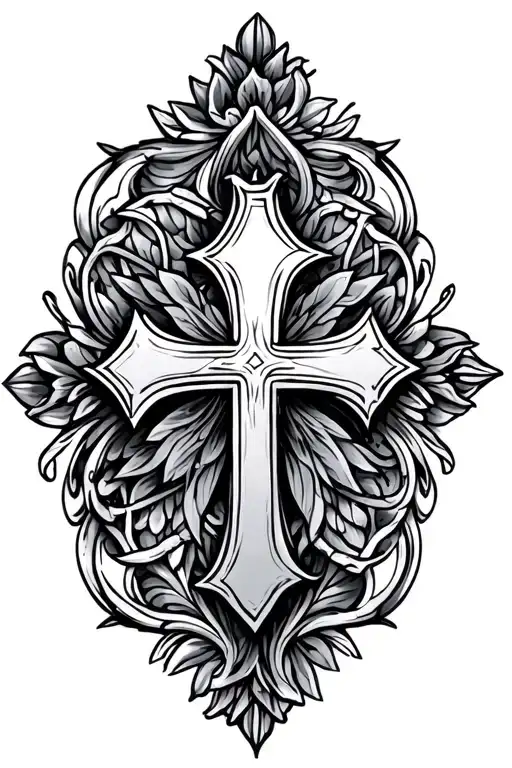 fine line ornamental tattoo with cross tattoo design idea