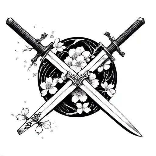 A tattoo of Uzui Tengen's swords crossed over each other, surrounded by cherry blossoms to symbolize his connection to Shinobu and the beauty of their martial arts tattoo design idea