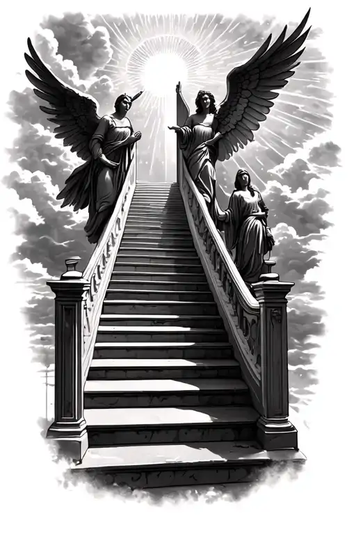 stairway to heaven walking up stairs angels sun rays clouds heaven gate at the top of the stairs  tattoo design idea