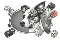 jack Russell ears outline + Vegas poker chips and dice + Detroit lions + momento mori saying tattoo design idea