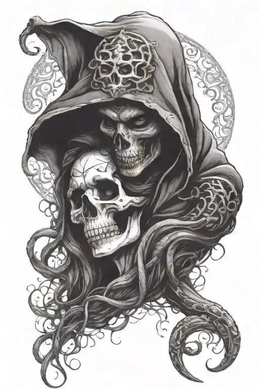 hooded skull reaper holding beautiful medusa woman by her chin and almost kissing her. both facing each other  tattoo design idea