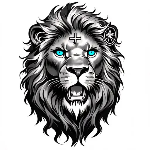 fierce Lion half sleeve shoulder tattoo design with blue eyes and an outline of a cross along his right eye and clock de tattoo design idea