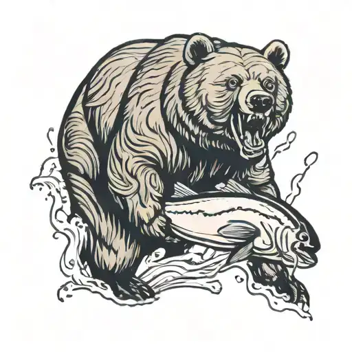 bear with salmon jumping tattoo design idea